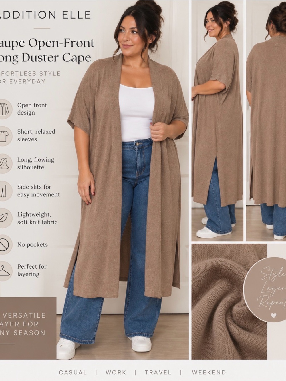 Addition Elle Taupe Long Open Front Duster Cardigan Plus Size X